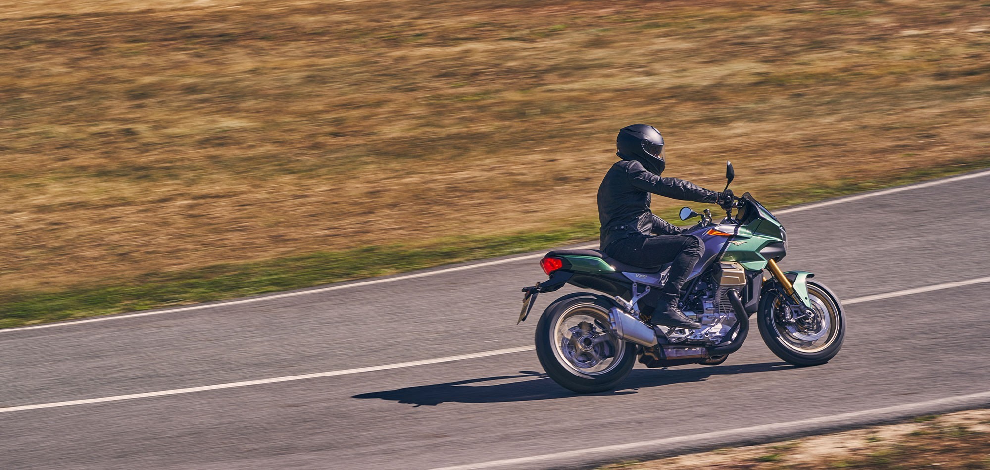 Action shot of Moto Guzzi V100 Mandello motorcycle, available at Brisan Motorcycles Newcastle
