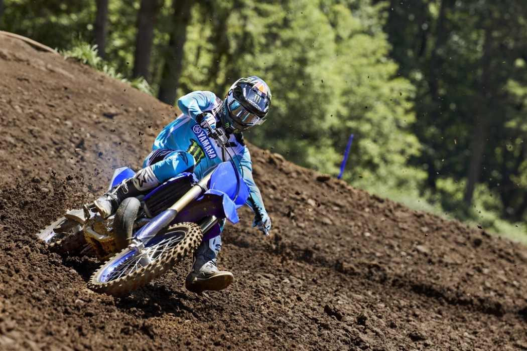 YZ250 2025 static image of motocross bike racing around corner