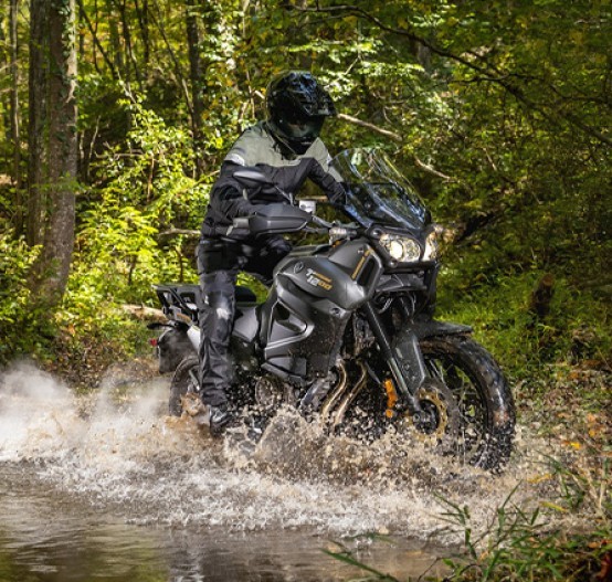 Action image of Yamaha Super Tenere in Black Colourway, Creek crossing