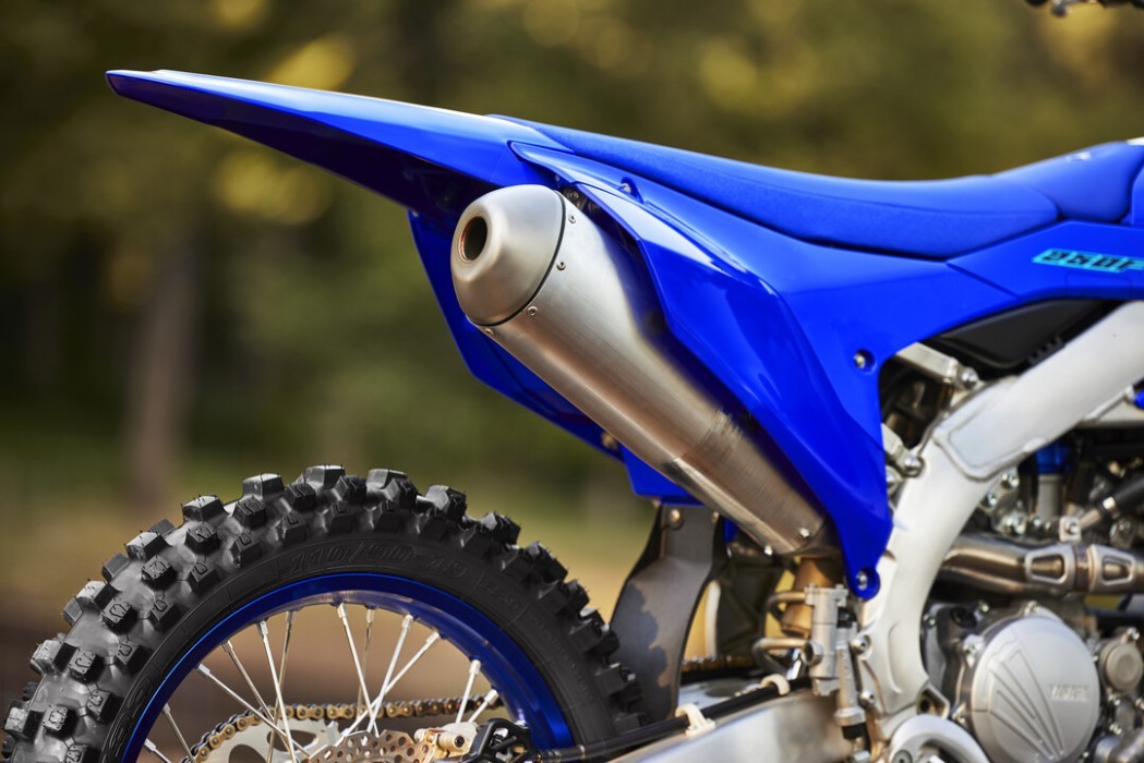 Detail image of Yamaha YZ250F 2024 Motocrosser in Blue Colourway, exhaust and rear mudguard