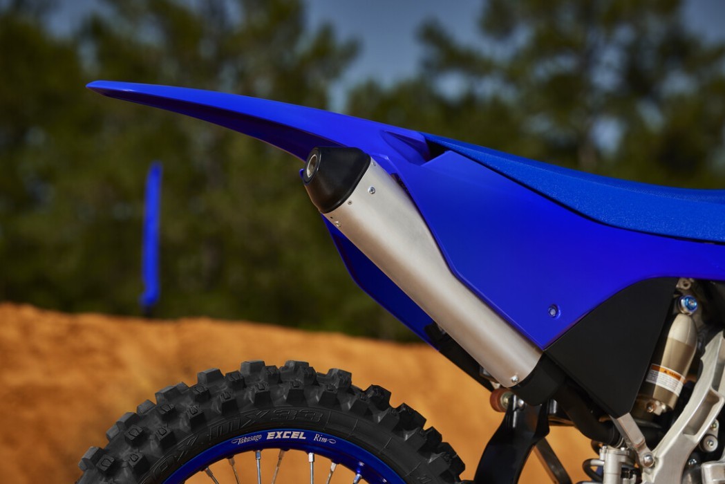 Detail image of Yamaha YZ250 two stroke in Blue colourway, exhaust and rear guard