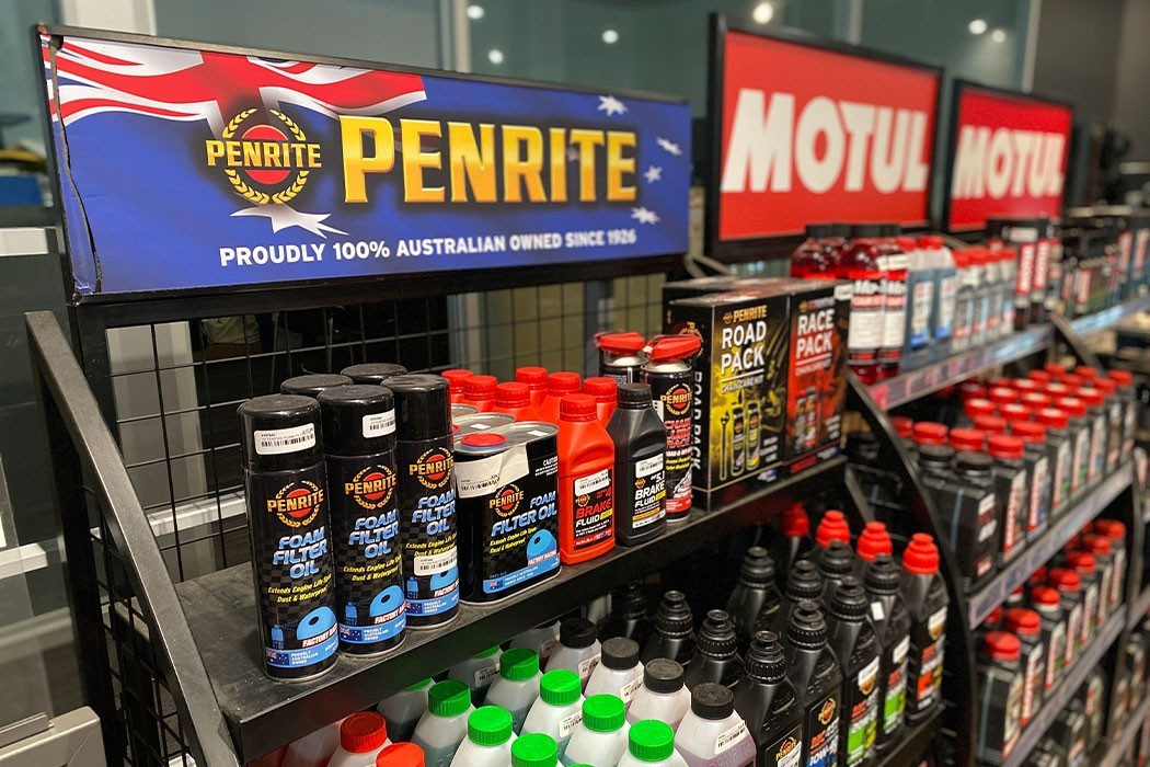 Penrite motorcycle oil display at Brisan Motorcycles Newcastle's parts and accessories area