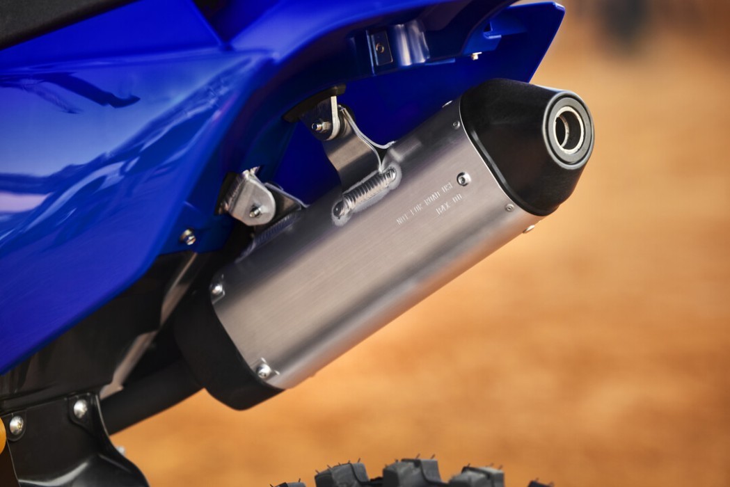 Detail image of Yamaha YZ125 two stroke in Blue colourway, exhaust pipe