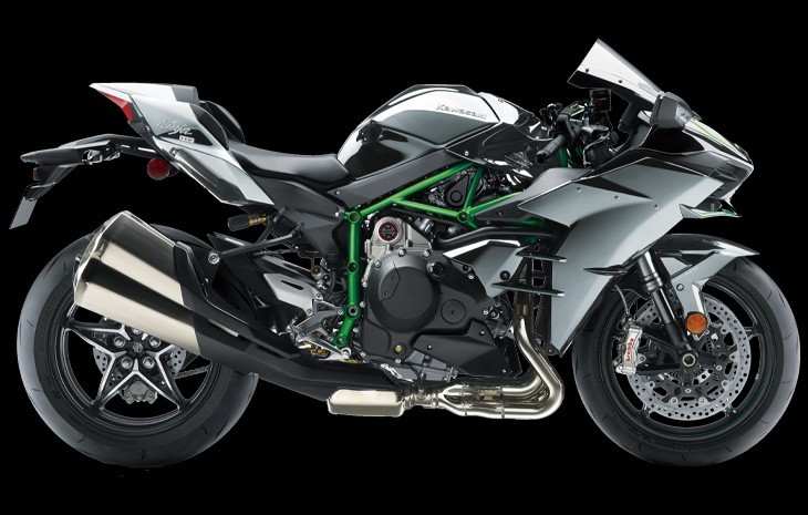 Studio image of Kawasaki Ninja H2 supercharged motorcycle in Mirror Coated Spark Black, available at Brisan Motorcycles Newcastle