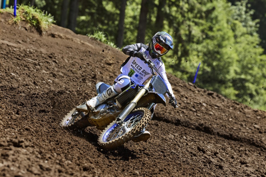 YZ250FSP 2025 static image of motocross bike racing around corner