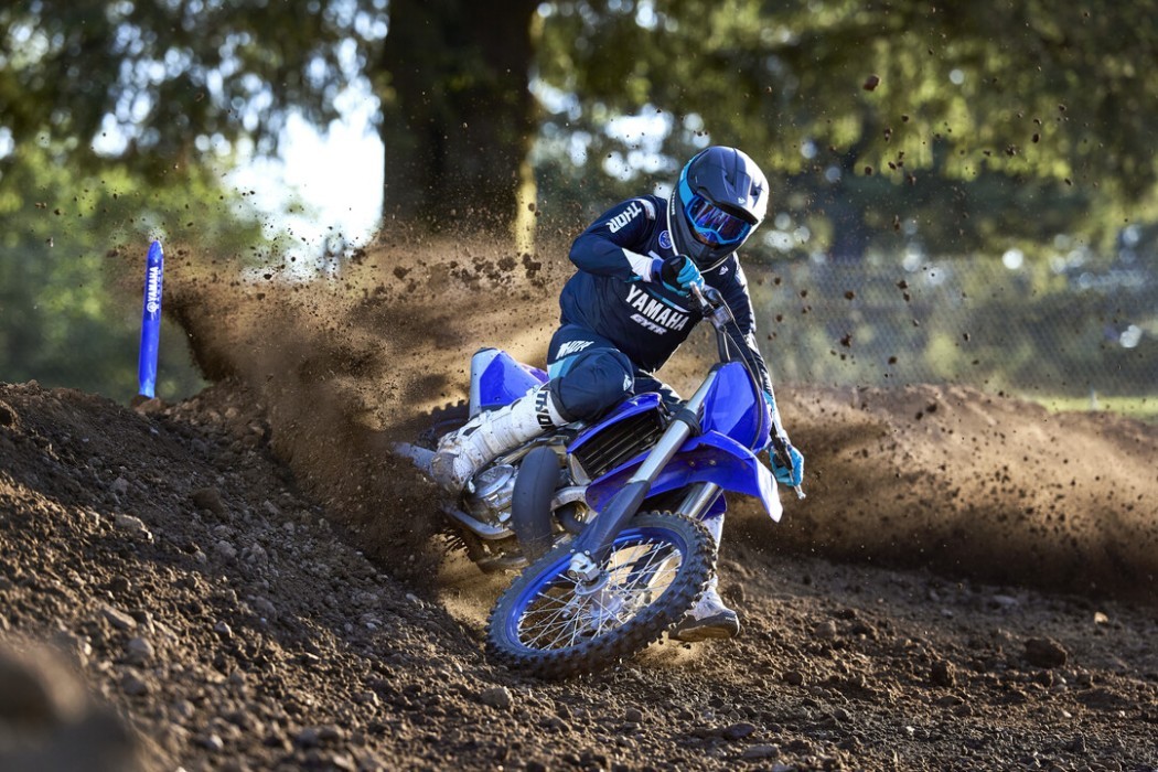 Action image of Yamaha YZ250 two stroke in Blue colourway, medium roost