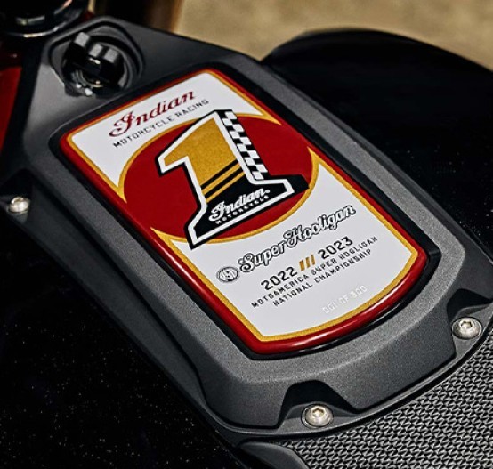 Close up Image of fuel tank logo on Indian Motorcycle FTR x RSD Super Hooligan, Available from Brisan Motorcycles Newcastle