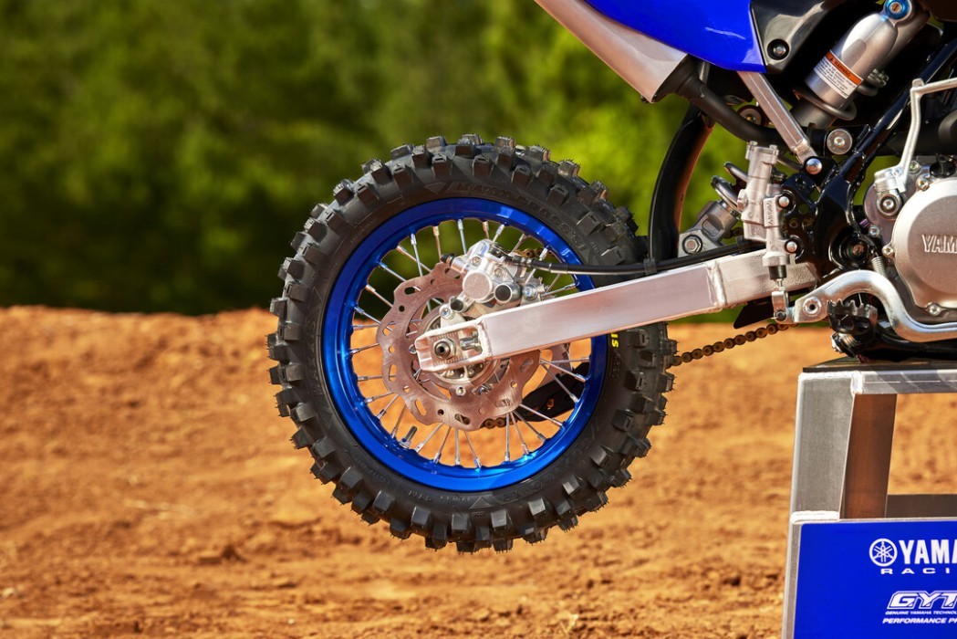 Detail image of Yamaha YZ65 two stroke in Blue colourway, rear wheel and swingarm