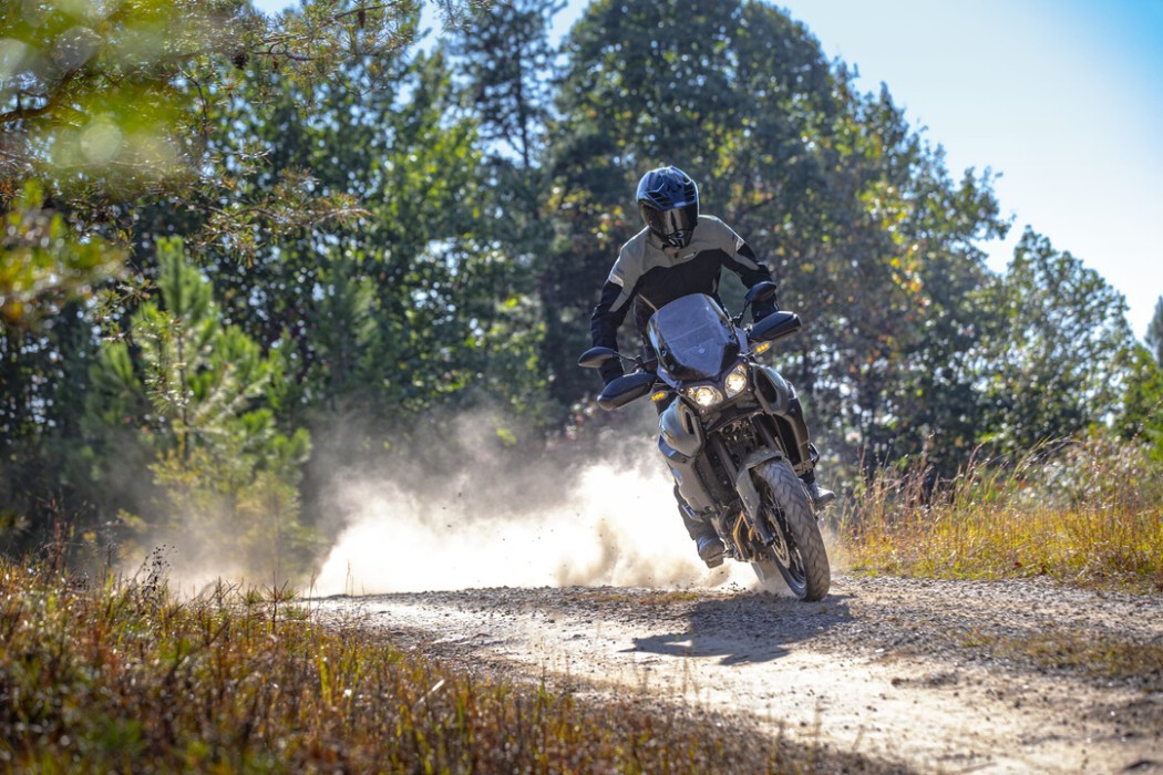 Action image of Yamaha Super Tenere in Black Colourway, rear wheel drifting