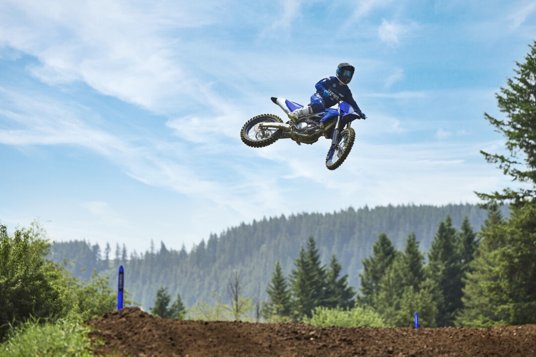 Action image of Yamaha YZ250F 2024 Motocrosser in Blue Colourway, large air over jump