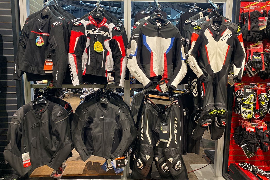 Leather jackets on display at Brisan Motorcycles Newcastle's parts and accessories area