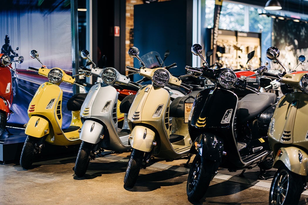 Lineup of Vespa Scooters at Brisan Motorcycles Newcastle Showroom