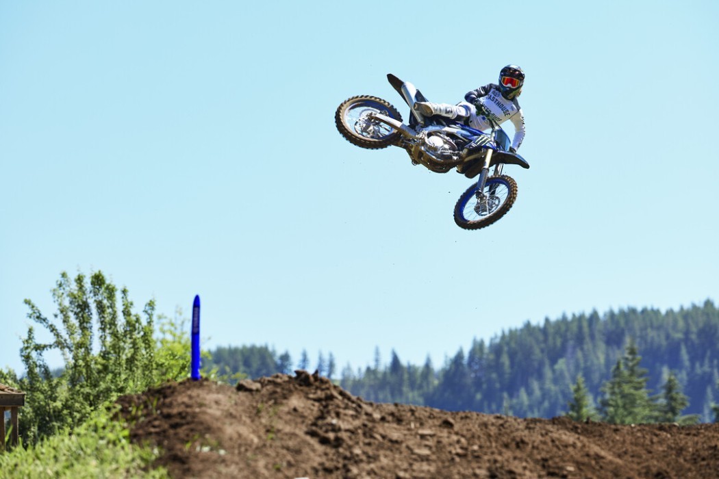 YZ250FSP 2025 static image of motocross bike doing whip over jump