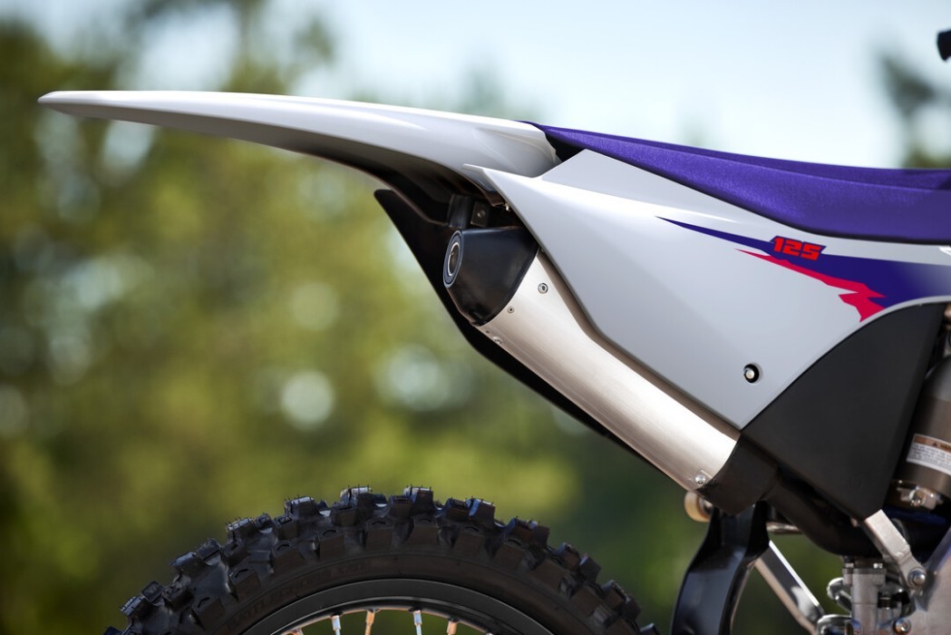 Detail image of Yamaha YZ125 two stroke in 50th Anniversary colourway, exhaust