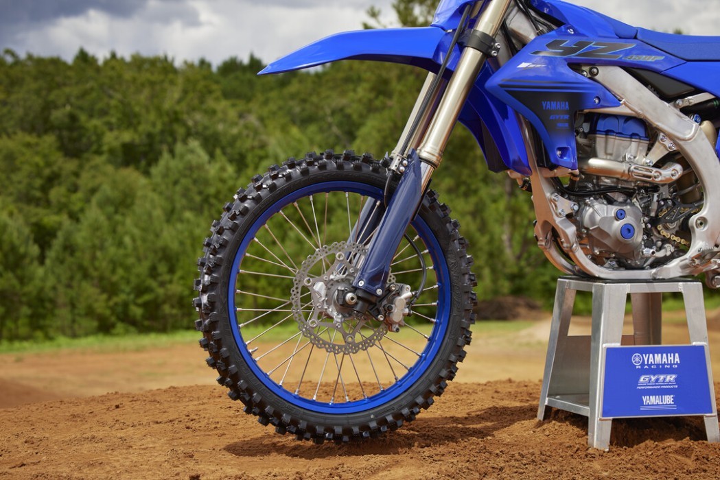 Detail image of Yamaha YZ450F 2024 Motocrosser in Blue Colourway, front wheel, brakes and mudguard