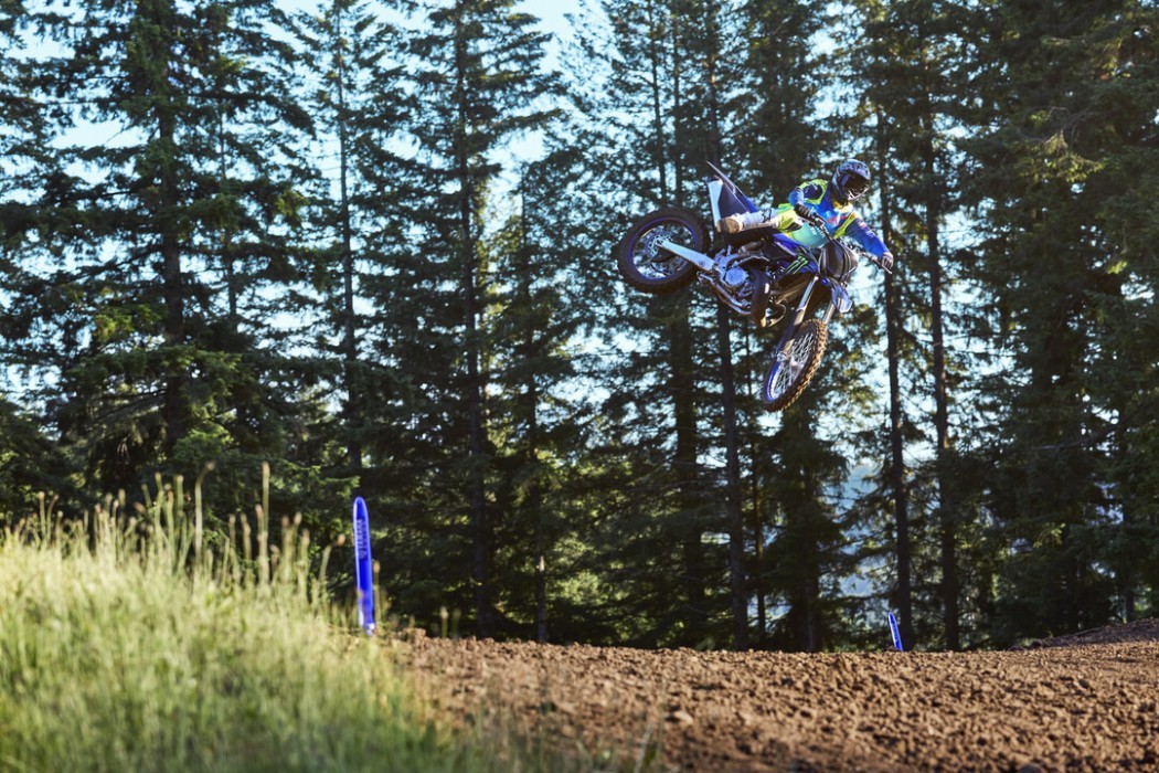 YZ250SP 2025 static image of motocross bike doing big whip over jump