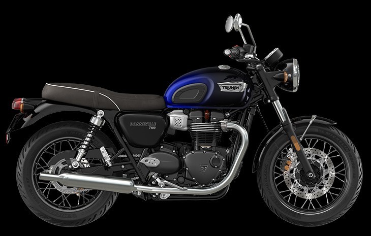 Studio image of Triumph Bonneville T100 Stealth Edition in Phantom Blue available at Brisan Motorcycles