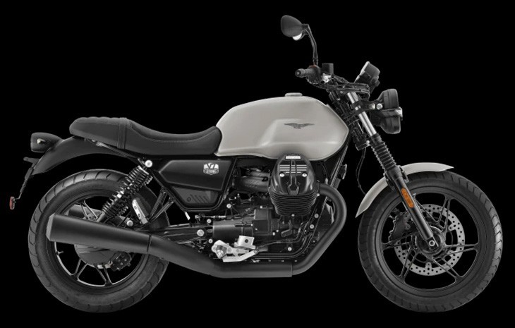 Studio image of Moto Guzzi V7 Stone in Grey colourway, available at Brisan Motorcycles Newcastle