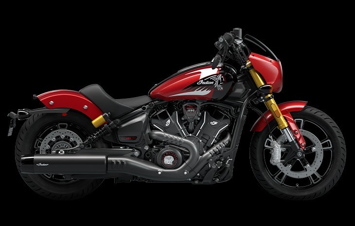 Studio image of Indian 101 Scout 2025 cruiser in Sunset Red Metallic Colour, available at Brisan Motorcycles Newcastle