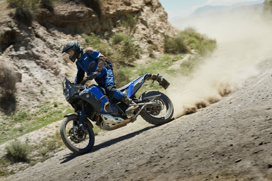 Action image of Yamaha Tenere 700 World Raid in Blue Colourway, roosting turn