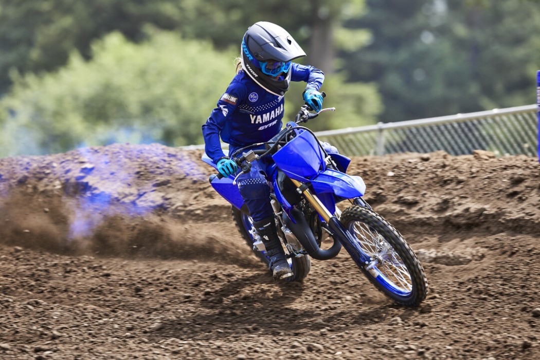 Action image of Yamaha YZ85 two stroke in Blue colourway, mid corner
