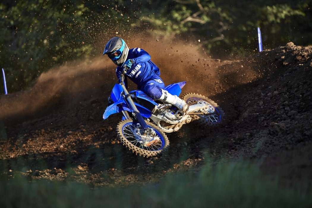 Action image of Yamaha YZ250F 2024 Motocrosser in Blue Colourway, roosting berm