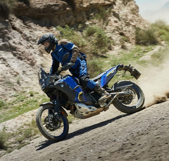 Action image of Yamaha Tenere 700 World Raid in Blue Colourway, roosting turn