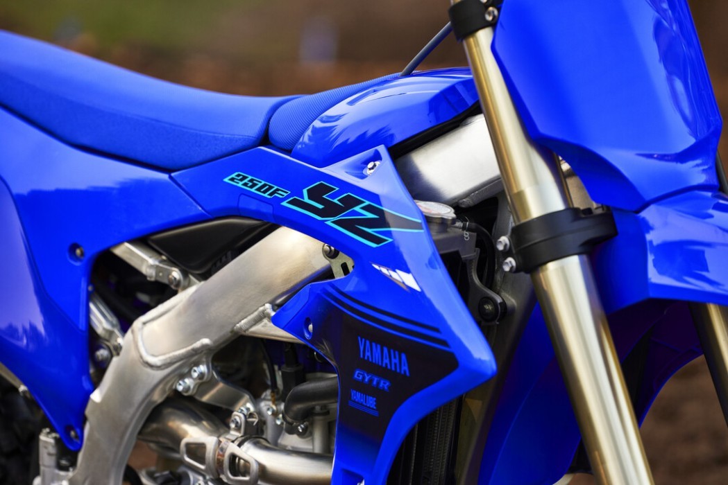 Detail image of Yamaha YZ250F 2024 Motocrosser in Blue Colourway, front three quarter plastics