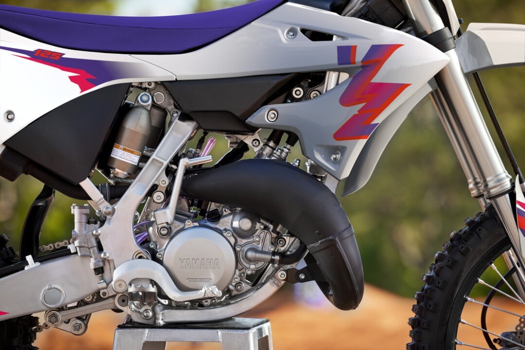 Detail image of Yamaha YZ125 two stroke in 50th Anniversary colourway, engine
