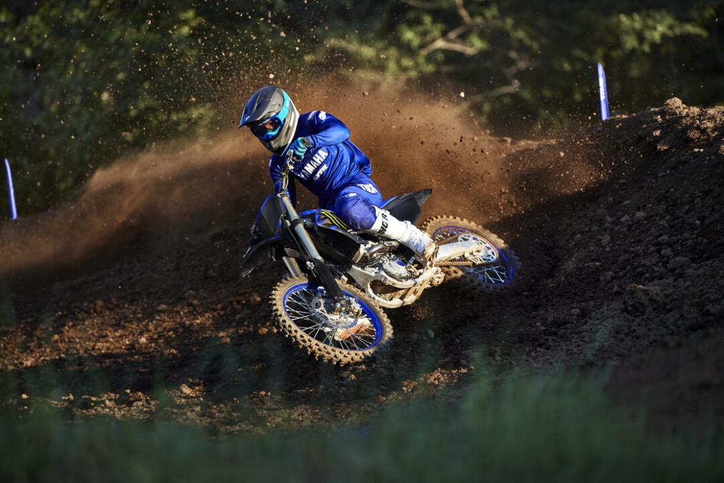 YZ250FSP 2025 static image of motocross bike racing around corner