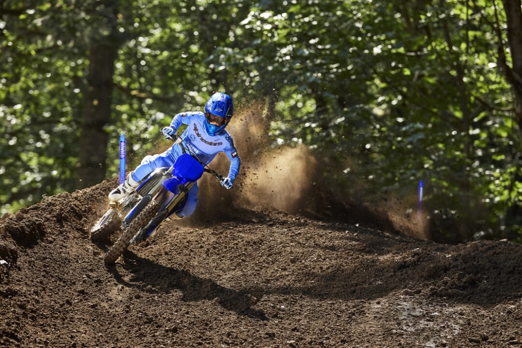 YZ250F 2025 static image of motocross bike racing around corner