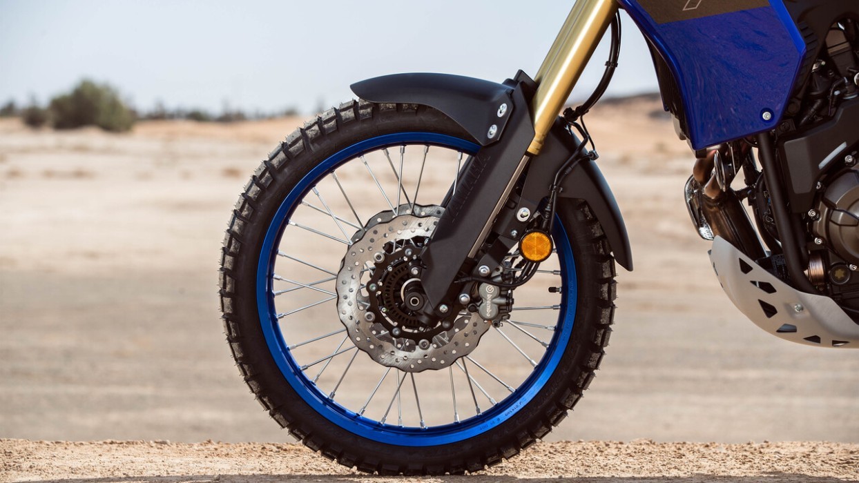 Detail image of Yamaha Tenere 700 in Blue Colourway, front wheel, brakes and suspension